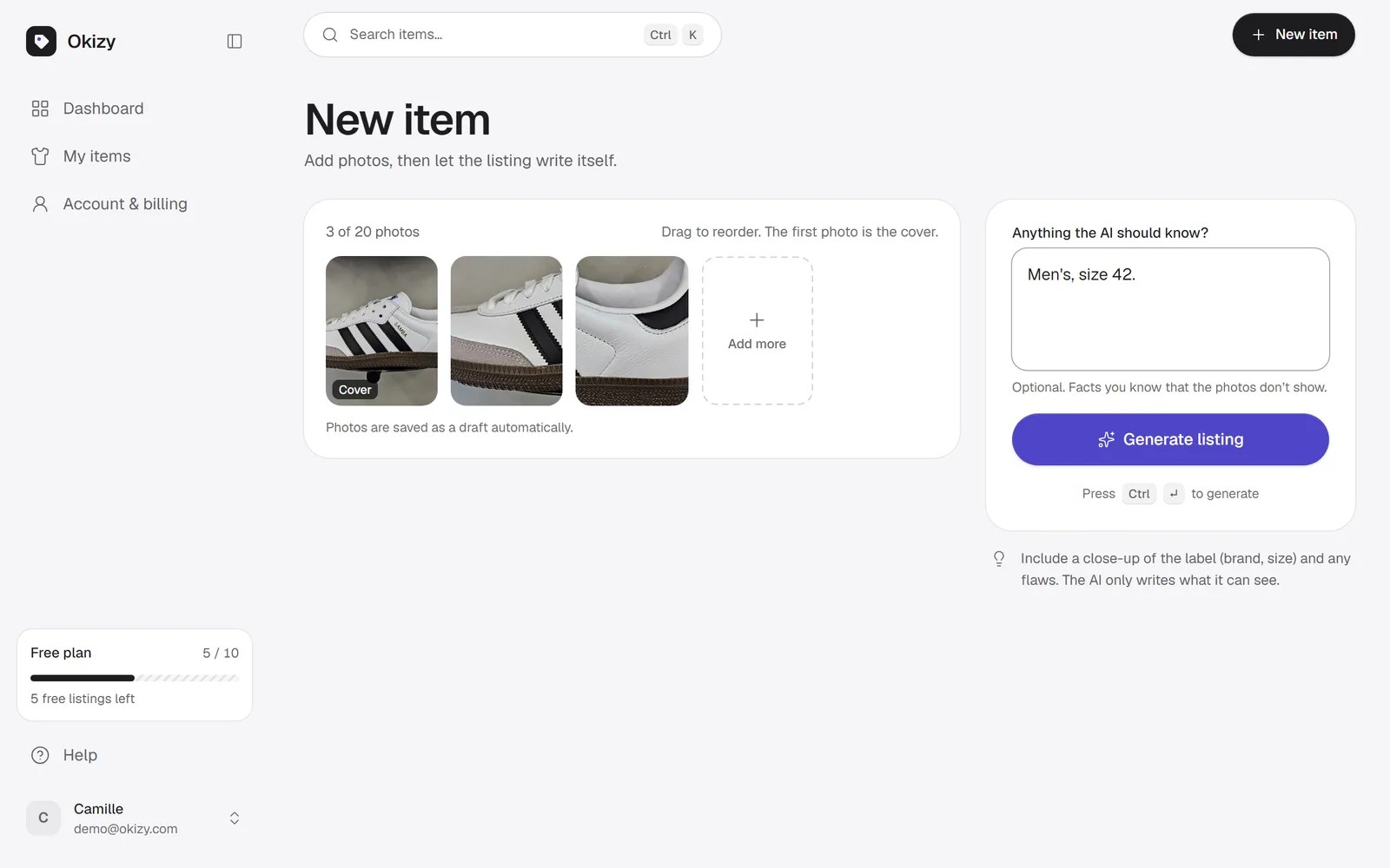 Okizy’s New item screen with three photos of Adidas Samba trainers and a note for the AI: Men's, size 42.