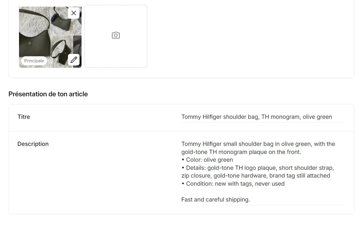 Vinted’s sell form filled in by Okizy: the photos of a Tommy Hilfiger shoulder bag, its title and its description.