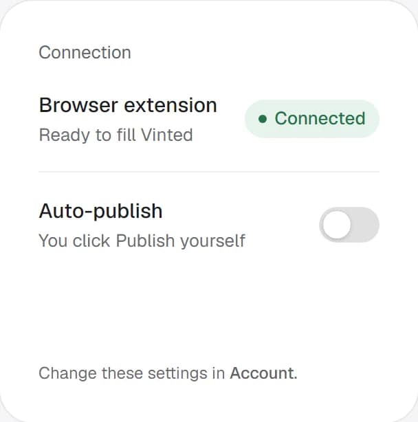 The Connection card in Okizy: browser extension connected, ready to fill Vinted.