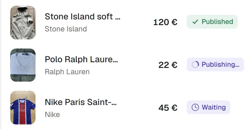 Live statuses in My items: published, publishing, waiting.