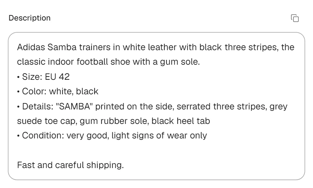 The description the AI wrote for the Samba trainers: colour, details and condition, then the shipping line.